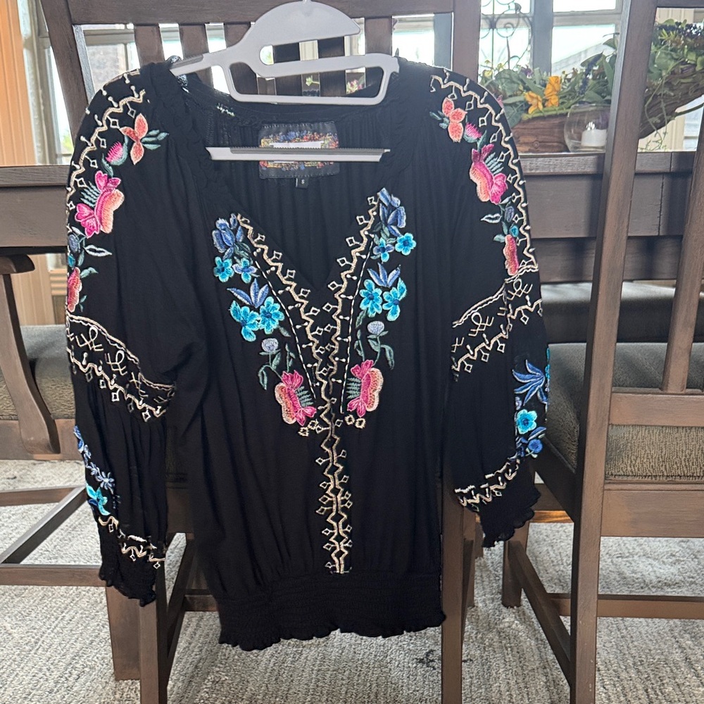 Elegant Black Blouse with Vibrant Floral Embroidery